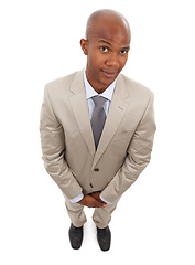 Image showing Studio portrait, top view and professional black man for business services, career work or realtor job experience. Eyebrow raise, entrepreneur and African real estate agent on white background