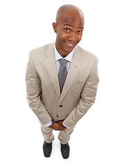 Image showing Black businessman, portrait and suit in studio with happy in finance career with confidence. African man, smile and face for pride as accountant, above and positive professional by white background