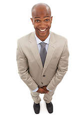 Image showing Professional portrait, top view and happy black man for business services, career work or realtor job experience. Studio, positive attitude and excited agent smile for good news on white background