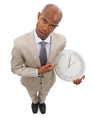 Image showing Businessman, portrait and clock for corporate professional lawyer for work deadline, hurry or time management. Black person, face and white background in studio for company efficient, hour or mockup