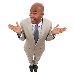 Image showing Professional portrait, studio and black man confused on business choice, company questions or corporate decision. Body language, dont know gesture and top view of agent shrug on white background