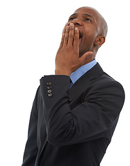 Image showing Yawn, business and tired with black man, fatigue and employee isolated on a white studio background. African person, entrepreneur and consultant with fatigue, exhausted and overworked with burnout