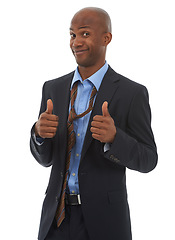 Image showing Businessman, portrait and thumbs up for corporate deal in studio for attorney client, winning or agreement. Male person, face and hand gesture on white background for goals, growth or mockup space