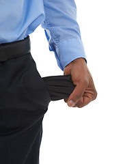 Image showing Person, hands and empty pocket in debt as business professional or no money, financial crisis or bankrupt. Fingers, pants and stock market crash or bills problem in studio, white background or mockup