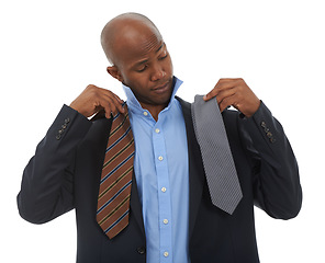 Image showing Man, tie and choice for business clothes as corporate lawyer for new job opportunity, professional or white background. Black person, formal fashion and decision or options thinking, mockup or studio