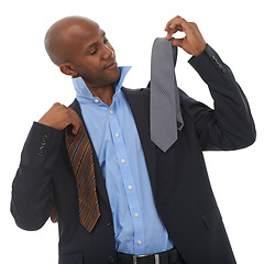 Image showing Man, tie and choice for business clothes as corporate lawyer for new job opportunity, professional or white background. Black person, formal and decision or thinking of option, mockup or studio