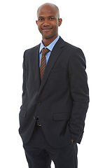 Image showing Corporate, business and portrait of black man in a suit with confidence and pride in white background of studio. Happy, businessman and professional entrepreneur with formal, tie and fashion for work