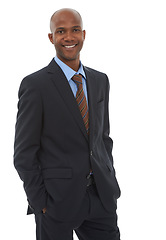 Image showing Businessman, portrait and smile in studio for confidence as attorney for corporate deal, clients or professional. Male person, face and white background or pride as entrepreneur, mockup or startup