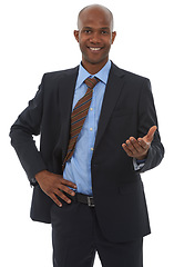 Image showing Businessman, portrait and gesture to welcome company for client agreement as attorney for company, deal or professional. Male person, hand and smile in studio white background, corporate or mockup