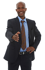 Image showing Portrait, business and black man offer handshake in studio for b2b deal, welcome and thank you on white background. Happy worker shaking hands for recruitment, introduction and onboarding negotiation