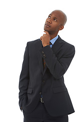 Image showing Business, black man and thinking in studio of ideas, future decision and memory on white background. Corporate worker daydream of choice, planning solution and brainstorming questions, insight or why