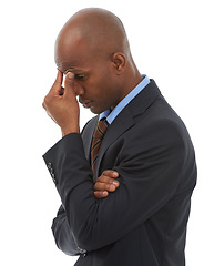 Image showing Frustrated businessman, headache and mistake in stress, anxiety or mental health on a white studio background. Tired young black man or employee with migraine in burnout, debt or financial crisis