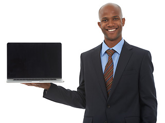 Image showing Portrait, business or black man with a laptop, presentation and worker isolated on white studio background. Face, African person or model with pc, promotion or digital app with opportunity and screen