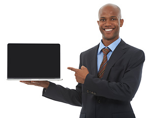 Image showing Portrait, business and black man with a laptop, pointing and employee isolated on white studio background. Face, African person or model with pc, promotion or digital app with opportunity or feedback