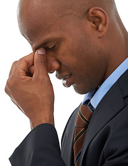 Image showing Businessman, face and headache in mistake, stress or burnout on a white studio background, Closeup of black man or frustrated employee in fatigue, anxiety or depression with migraine or mental health
