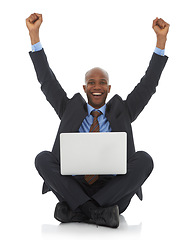 Image showing Happy businessman, portrait and laptop with fist pump for promotion, bonus or celebration on a white studio background. Excited black man or employee smile on computer for winning, deal or good news