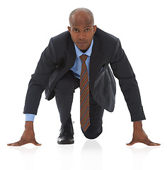 Image showing Businessman, portrait and start position for corporate competition or race for promotion, growth or raise. Male person, face and running to company law goals or white background, studio or mockup