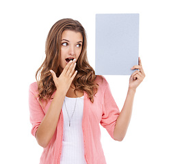 Image showing Woman, blank poster and shock for mockup space in studio, paper and bulletin for announcement. Surprised female person, board and placard for promotion and advertisement, news and white background