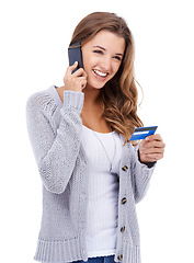 Image showing Woman, credit card and phone call for transaction, investment and online payment for purchase in studio. Female person, ecommerce and promotion on technology, customer experience and white background