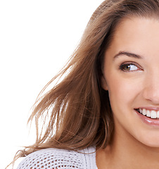 Image showing Woman, wellness and cosmetics in studio, smiling and confidence for haircare on white background. Happy female person, makeup and pride for beauty, satisfaction and positive attitude on half face