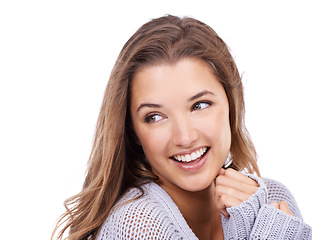 Image showing Happy woman, face and natural beauty with hair, cosmetics and dermatology with keratin treatment on white background. Skincare, shine and wellness with hairstyle, glow and haircare in studio