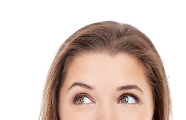 Image showing Thinking, eyes and woman closeup in studio for brainstorming, idea or solution on white background. Looking up, curious or female model with why, questions or planning emoji, problem solving or guess