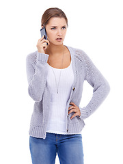 Image showing Annoyed, phone call and woman in studio frustrated with network problem, delay or scam on white background. Smartphone, crisis and female model angry with conversation, phishing or conflict drama