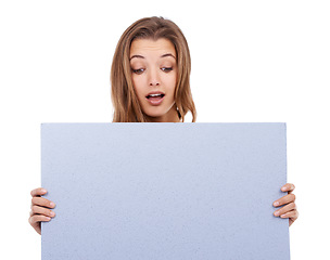 Image showing Woman, surprise or mockup on poster isolated on white background for news, sale or promotion. Wow, studio or model with shock or empty space for advertising, presentation or sign for discount deal