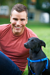 Image showing Man, dog and portrait at outdoor love for bonding connection, pet training for obedience. Male person, animal and face at rescue shelter garden for happy home care, environment walk on grass field