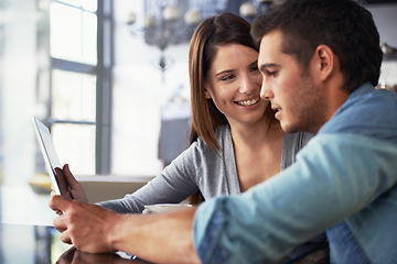 Image showing Tablet, smile and relax couple on coffee shop date, lunch break and check application, social media or online cafeteria menu. Relationship, customer and happy people in cafe, restaurant or diner