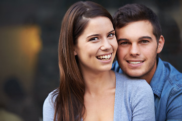 Image showing Outdoor, together and happy portrait of couple with support, care and love in marriage. Smile, man and woman relax in backyard on vacation, holiday or laughing with partner in summer with freedom