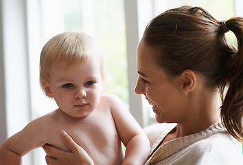 Image showing Mother, baby boy and house with parent, home and happiness, love and family support. Toddler, motherhood and infant child with face, development and bonding together for kids childhood memories