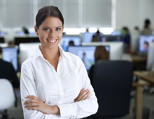 Image showing Portrait, businesswoman and confident in office, happy and positive consultant in career in workplace. Young person, face and arms crossed in job pride, hr manager and professional worker in agency