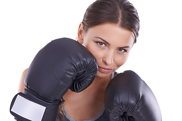 Image showing Fitness, boxing gloves and portrait of woman in studio for exercise or arm muscle training. Sports, health and young female boxer athlete with equipment for intense cardio workout by white background