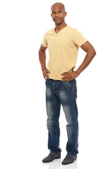 Image showing Portrait, fashion and black man with hands on his hips, stylish outfit and confident guy isolated on a white studio background. African person, mockup space and model with jeans and casual clothes
