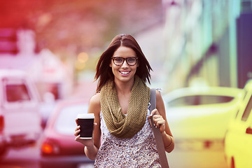 Image showing Happy, woman and portrait of coffee break in city, street or outdoor on holiday or vacation in summer. Takeaway, tea and college student walk in town with beverage in a cup and freedom on adventure