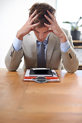 Image showing Businessman, accountant and burnout or stress in office, mental health and bankrupt or overwhelmed. Male person, paperwork and frustrated in workplace, deadline and depression or mistake and fail