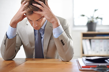 Image showing Businessman, stress and burnout in office for work, mental health and bankrupt or overwhelmed. Male person, professional and frustrated in workplace, deadline and depression or mistake and fail