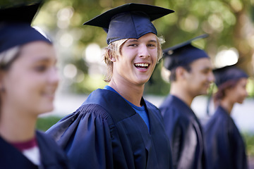 Image showing Happy man, portrait and students in outdoor graduation for education, learning or qualification. Male person or graduate smile with group for higher certificate, diploma or degree at campus ceremony