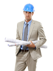 Image showing Businessman, portrait and architect with blueprint or hard hat for safety or planning on a white studio background. Man, contractor or engineer with documents for architectural design or floor plan