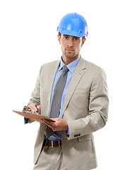 Image showing Businessman, portrait and architect with clipboard or hard hat for signing or inspection on a white studio background. Man, contractor or engineer with documents for architecture or construction