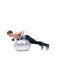 Image showing Man, push ups and dumbbells on exercise ball for fitness, workout or health and wellness on a white studio background. Active male person or athlete in weightlifting, training or balance on mockup