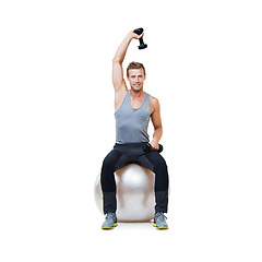 Image showing Man, ball or portrait in studio for dumbbell workout performance, wellness or white background. Strong male athlete, overhead extension or fitness for mockup space, body challenge or weights training