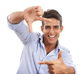 Image showing Portrait, man and finger frame in studio to review profile picture, selfie or creativity on white background. Happy model planning perspective for photography, creative inspiration or sign with hands