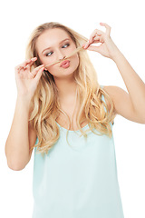 Image showing Hair, comic moustache and woman on a white background with cosmetics, funny joke and positive attitude. Fashion, humor and isolated confident person in trendy clothes, style and outfit in studio