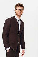 Image showing Portrait, glasses and confident business man in studio on white background for corporate career or job opportunity as lawyer. Company, work and young professional in a suit as an employee or salesman