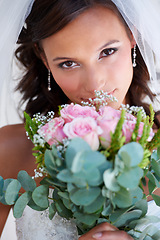 Image showing Bride woman, bouquet and portrait at wedding with flowers, pride and commitment at event, celebration and party. Girl, marriage and floral plants for love, roses or scent with bush, nature or memory