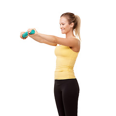 Image showing Happy woman, grip and resistance for arm exercise isolated against a white studio background. Young female person or athlete smile with band or tube in workout, training or fitness on mockup space