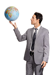 Image showing Business man with globe, planet or earth isolated on a white studio background. Person in suit, world map and geography, environment conversation and future protection, ecology and sustainability