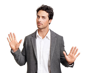 Image showing Stop, hands and portrait of business man in studio with limit, order or control gesture on white background. Protest, palm and face of entrepreneur with wait emoji for denial, warning or not allowed